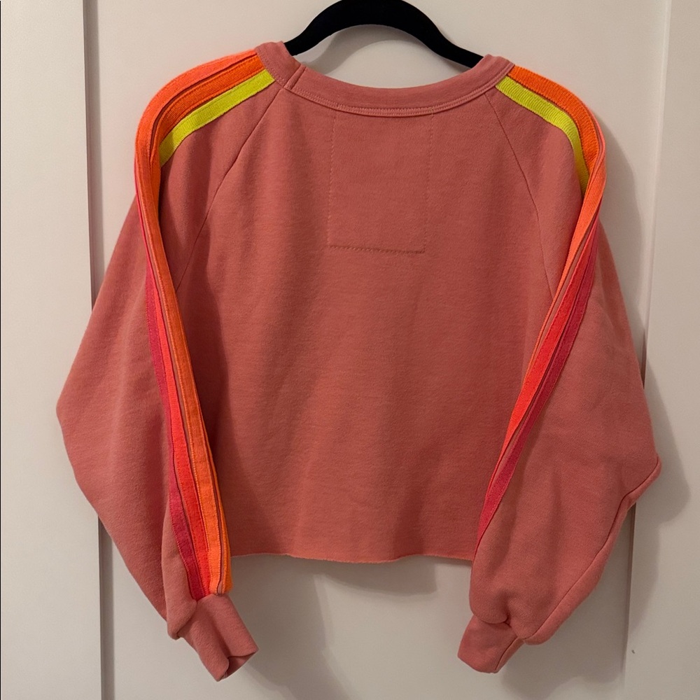 Aviator Nation Pink Cropped Crewneck Sweatshirt with Neon Stripe Detail - Picture 2 of 2